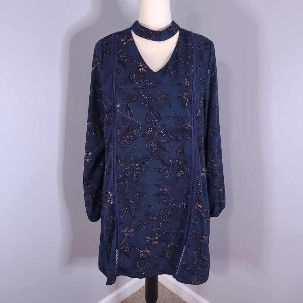 Paper Crane Blue Artsy Floral Long Sleeve V Neck Choker Midi Shift Dress MED